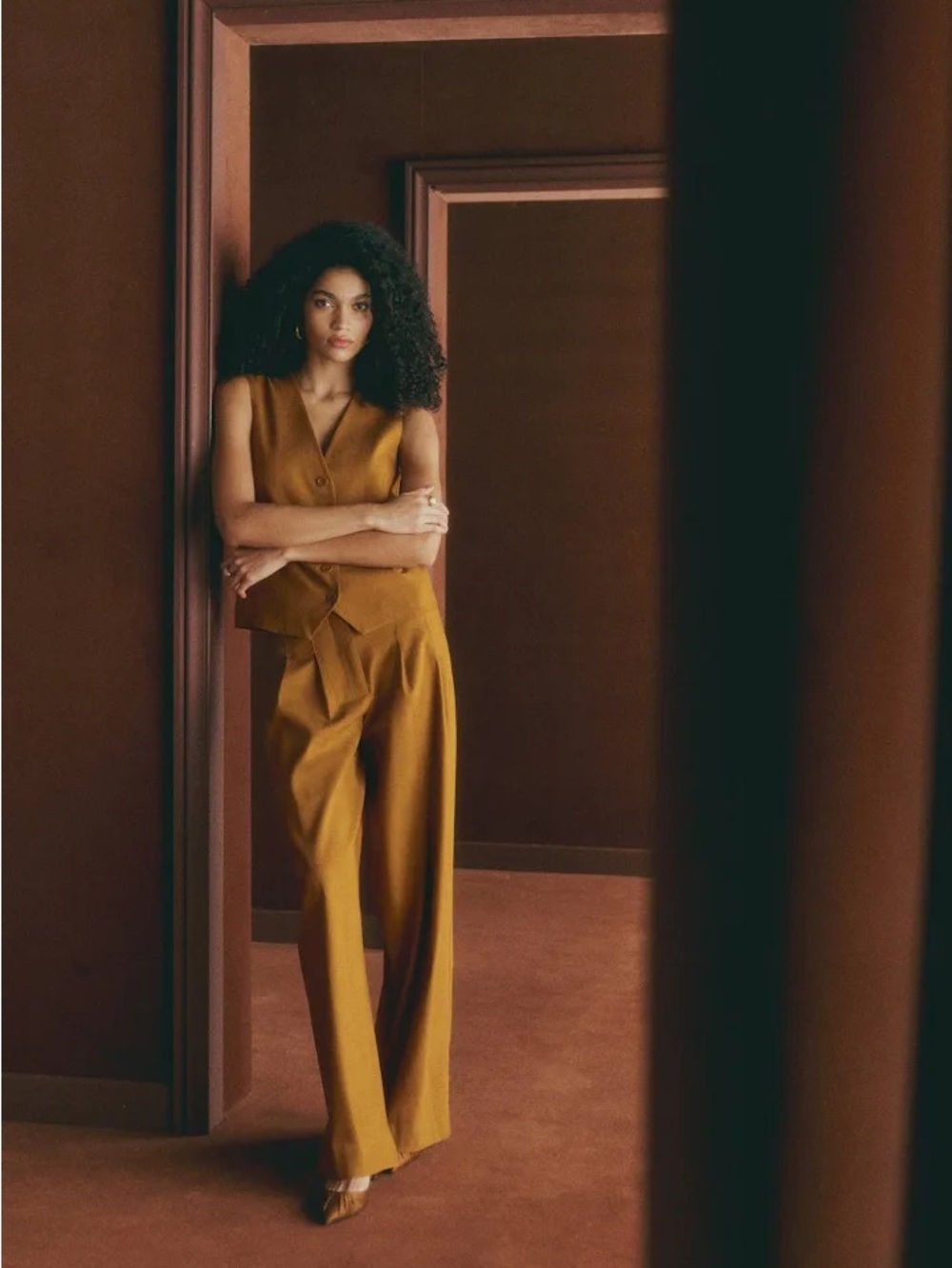 Sezane Mustard Wide-Leg Cropped Linen/Cotton Trousers